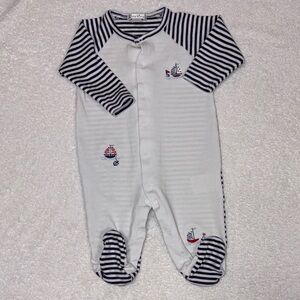 Kissy Kissy Navy and White Striped Sailboat Footie 3/6m